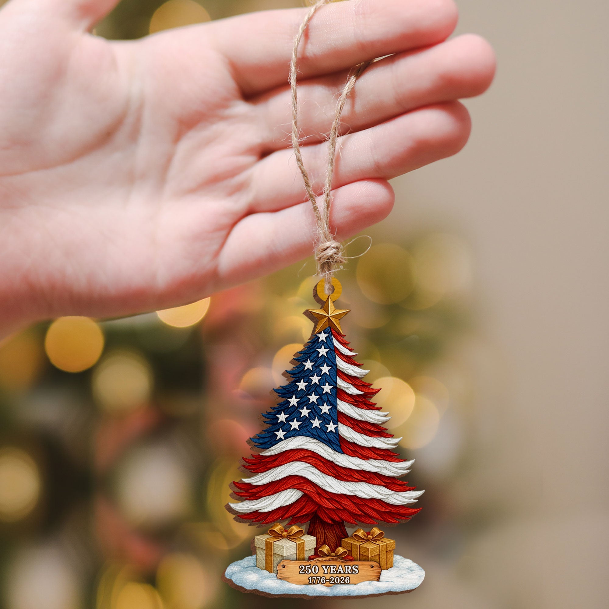 250 Years of America Patriotic Christmas Tree Wooden Ornament, 1776 - 2026 Christmas Tree Decoration, Patriotic Ornament, Independence Day Gift