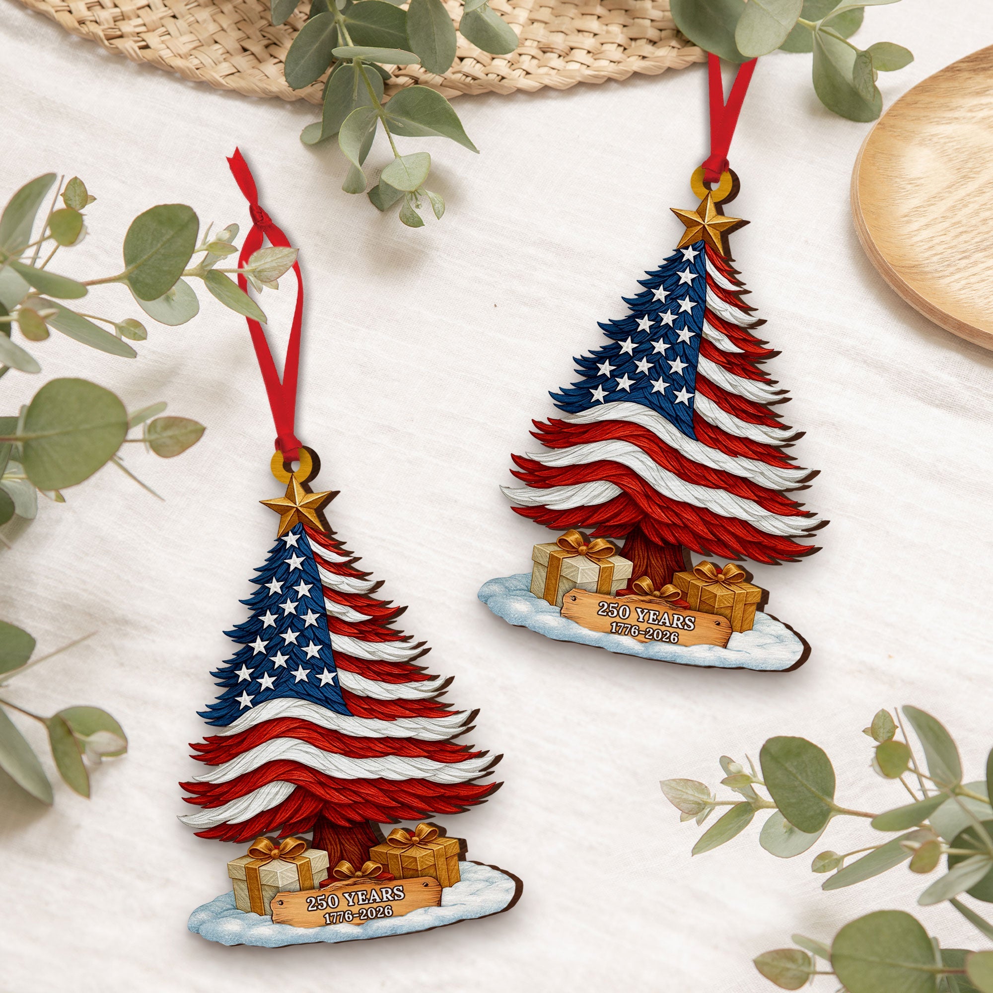 250 Years of America Patriotic Christmas Tree Wooden Ornament, 1776 - 2026 Christmas Tree Decoration, Patriotic Ornament, Independence Day Gift