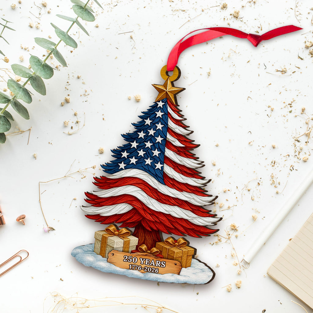 250 Years of America Patriotic Christmas Tree Wooden Ornament, 1776 - 2026 Christmas Tree Decoration, Patriotic Ornament, Independence Day Gift