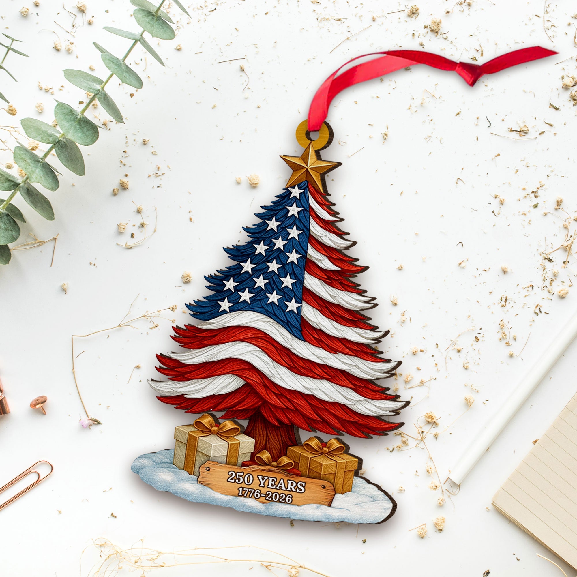 250 Years of America Patriotic Christmas Tree Wooden Ornament, 1776 - 2026 Christmas Tree Decoration, Patriotic Ornament, Independence Day Gift