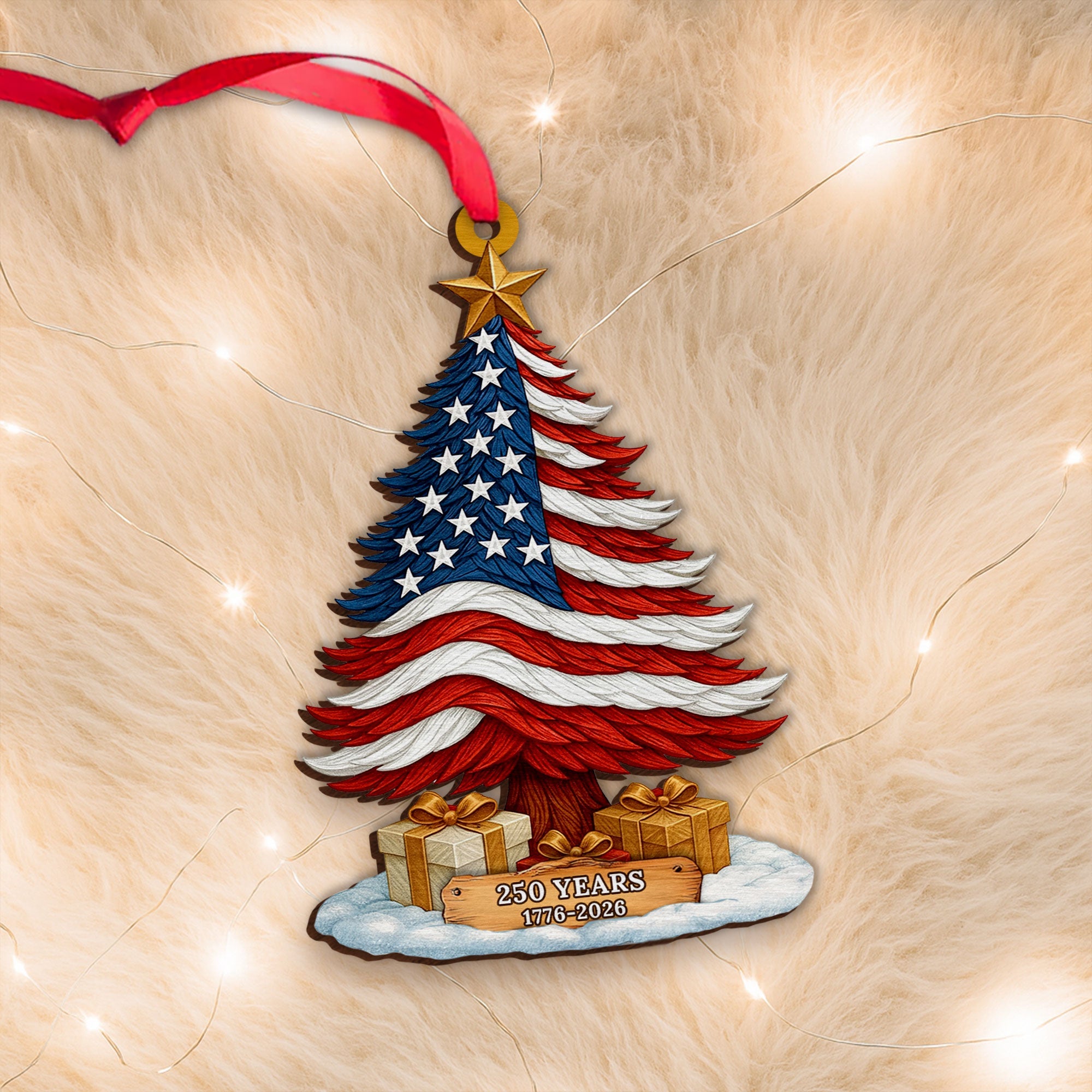250 Years of America Patriotic Christmas Tree Wooden Ornament, 1776 - 2026 Christmas Tree Decoration, Patriotic Ornament, Independence Day Gift