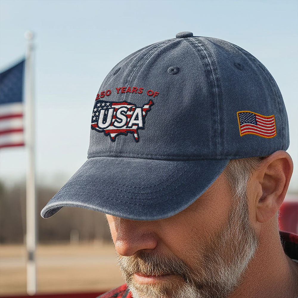 250 Years of USA Washed Cap | Patriotic Embroidered American Flag Cap