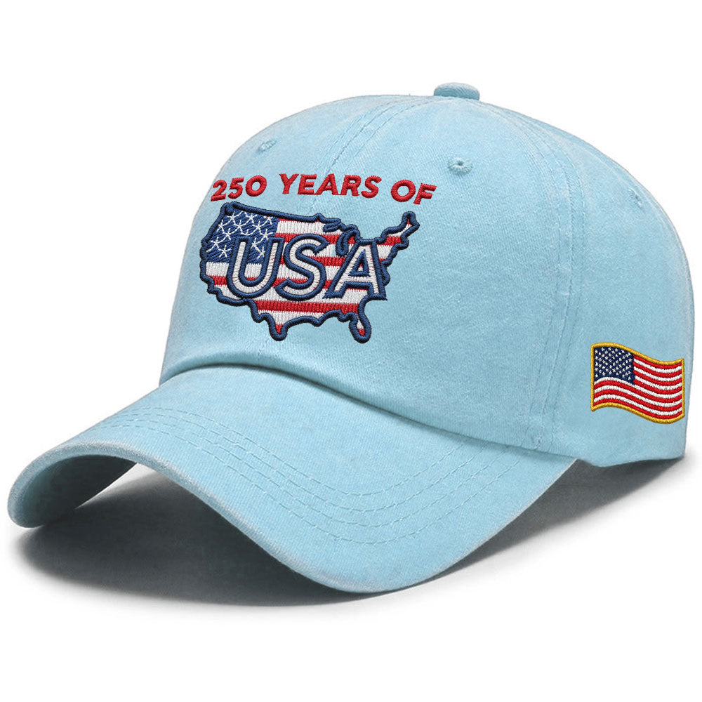 250 Years of USA Washed Cap | Patriotic Embroidered American Flag Cap