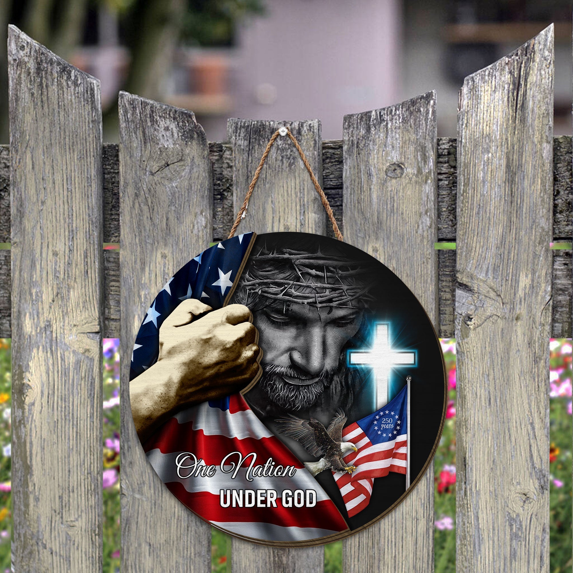 One Nation Under God 250th Anniversary Betsy Ross Round Wooden Sign