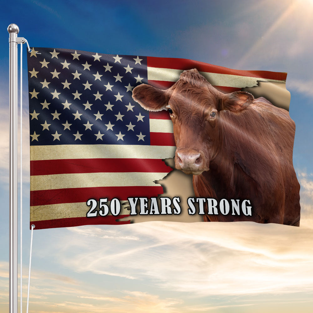 250 Years Strong Cow American Grommet Flag for Farmhouse Patriotic Decor
