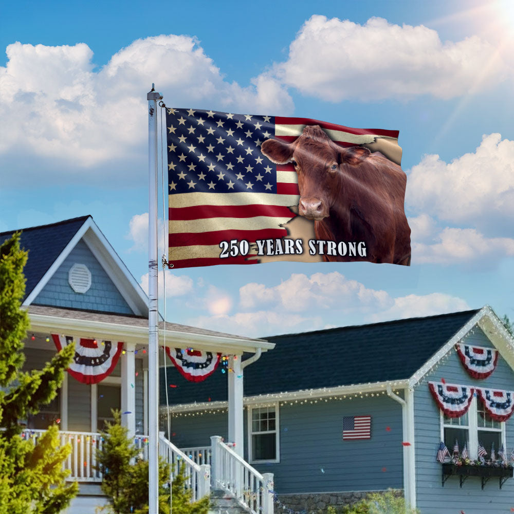 250 Years Strong Cow American Grommet Flag for Farmhouse Patriotic Decor
