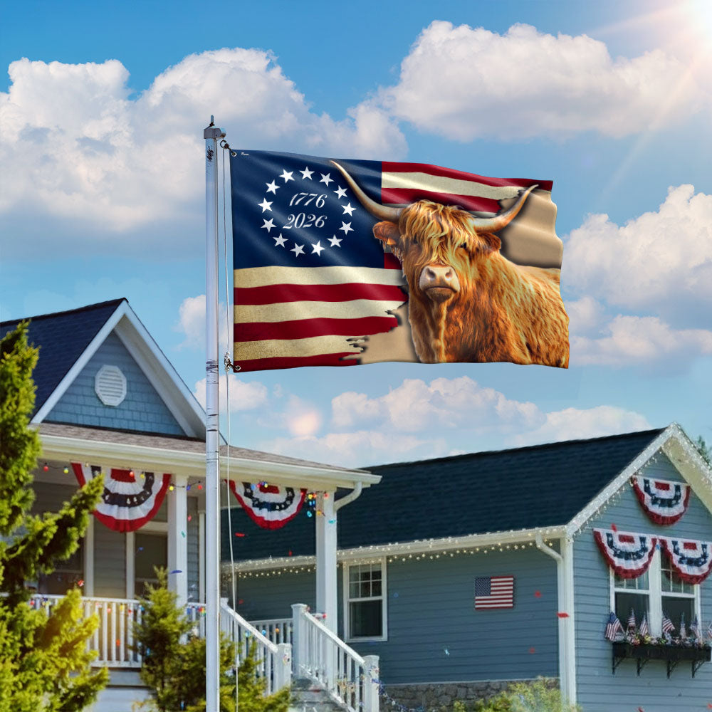 250 Years Strong Highland Cow American Grommet Flag for Farmhouse Patriotic Decor
