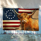 250 Years Strong Highland Cow American Grommet Flag for Farmhouse Patriotic Decor