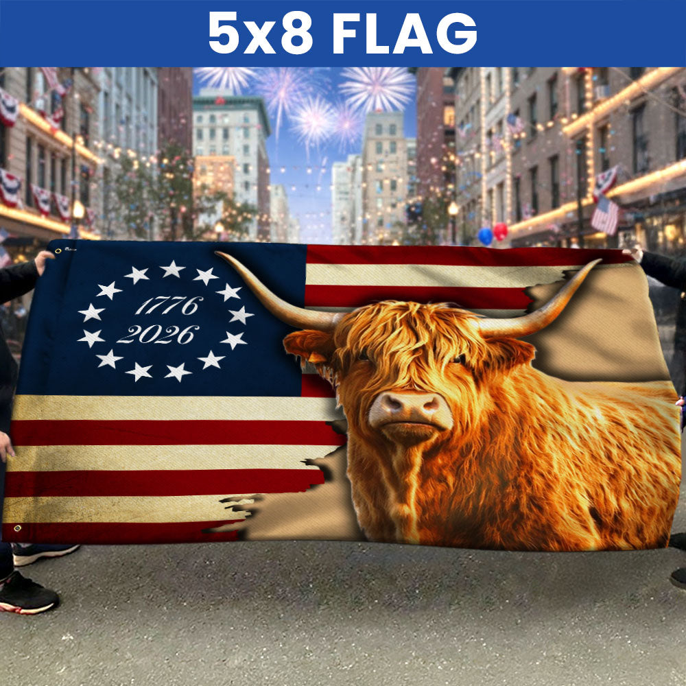 250 Years Strong Highland Cow American Grommet Flag for Farmhouse Patriotic Decor