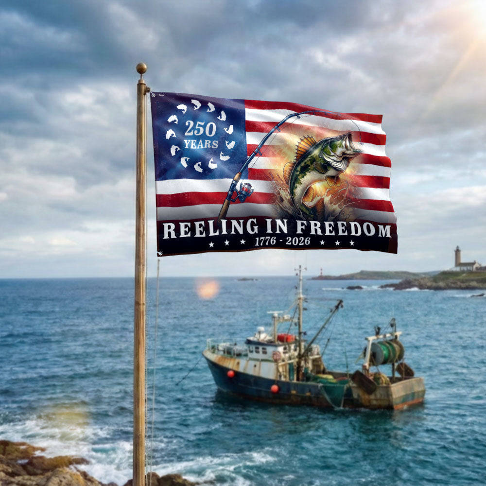 Bass Fish Flag, 250 Years Reeling in Freedom Grommet Flag