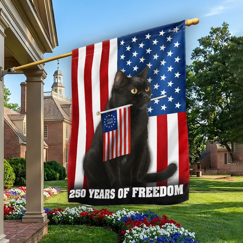 250 Years of Freedom Cat Flag, Patriotic Black Cat American Flag