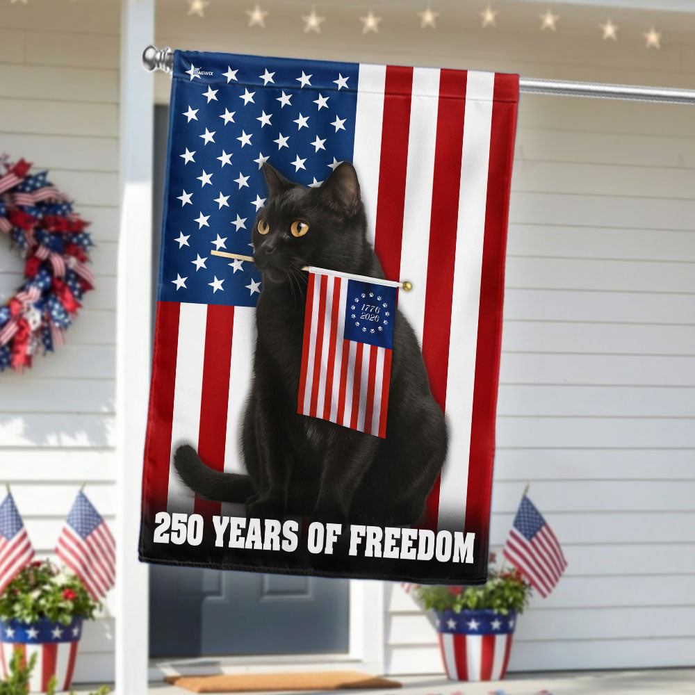250 Years of Freedom Cat Flag, Patriotic Black Cat American Flag