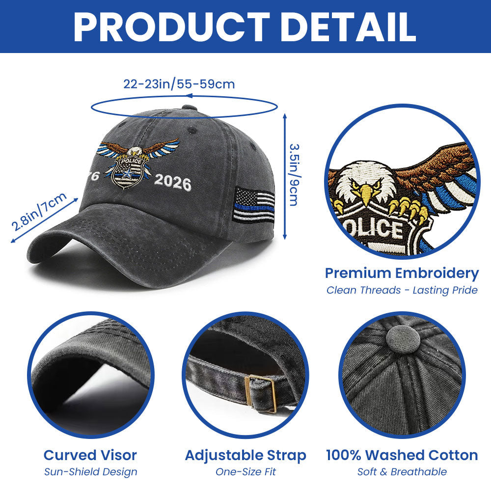 1776 2026 Thin Blue Line Washed Cap with Embroidered Police American Flag