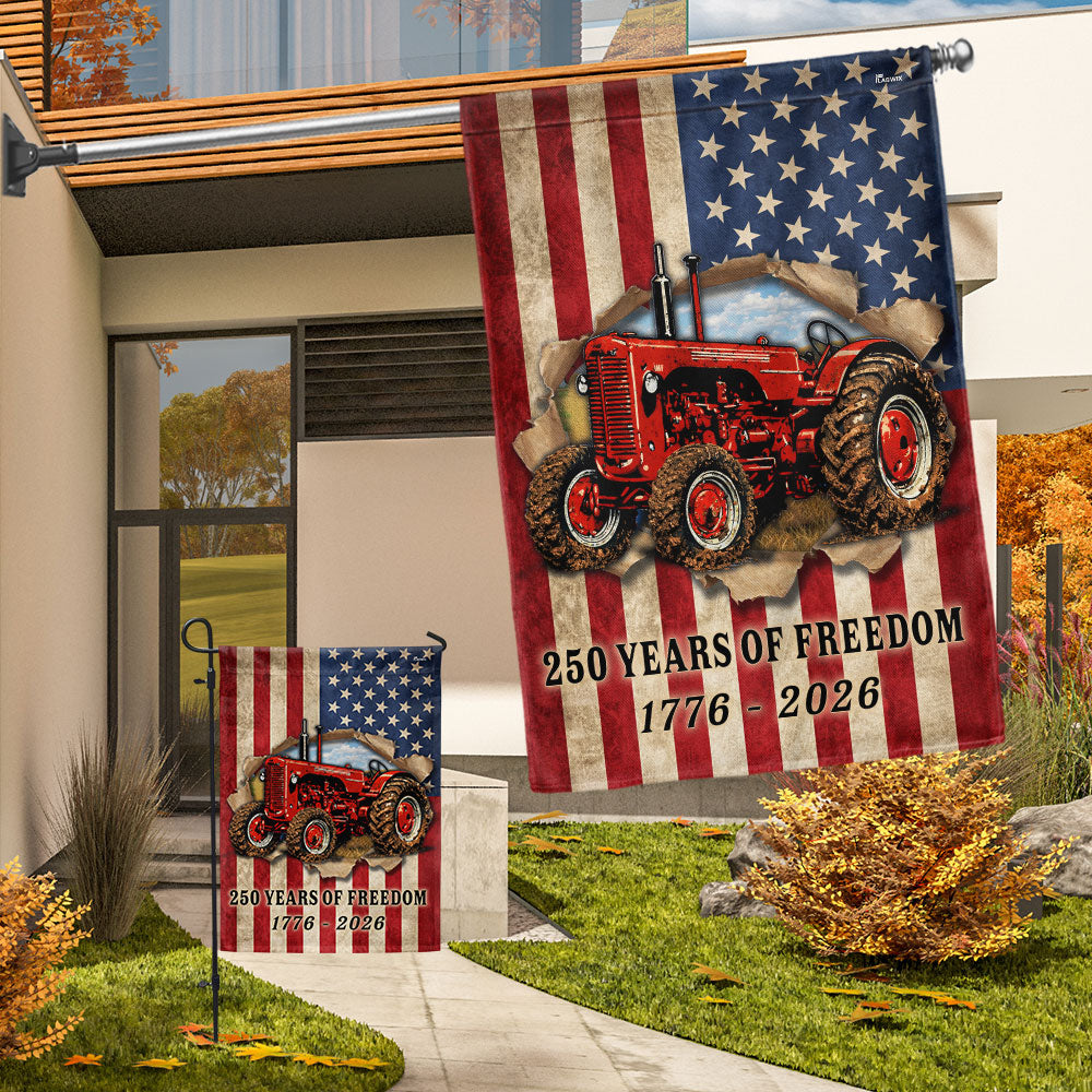 Tractor Farmer Flag, 250 Years of Freedom Red Tractor US Flag