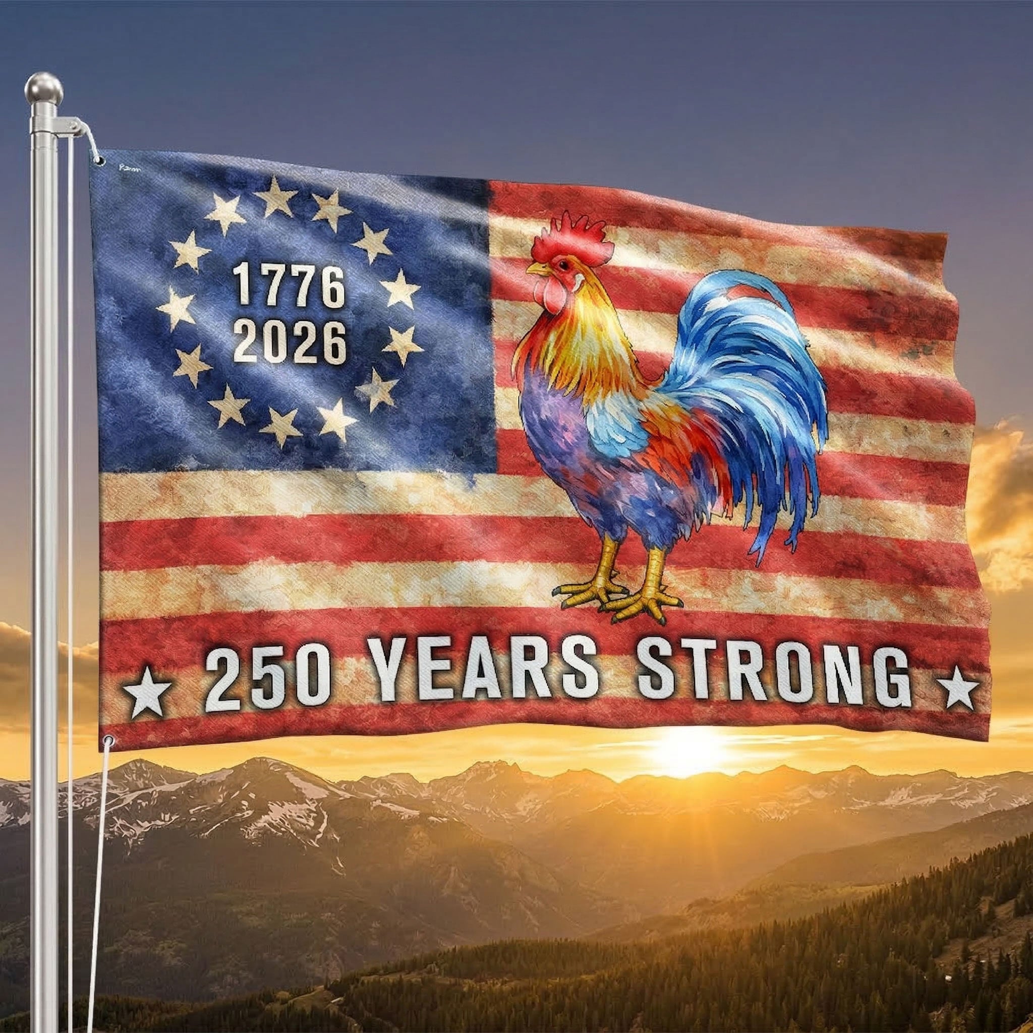 Chicken American Flag, 250 Years Strong Patriotic Chicken Grommet Flag