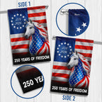 Horse Farmhouse Flag, 250 Years Strong Patriotic White Horse US Flag
