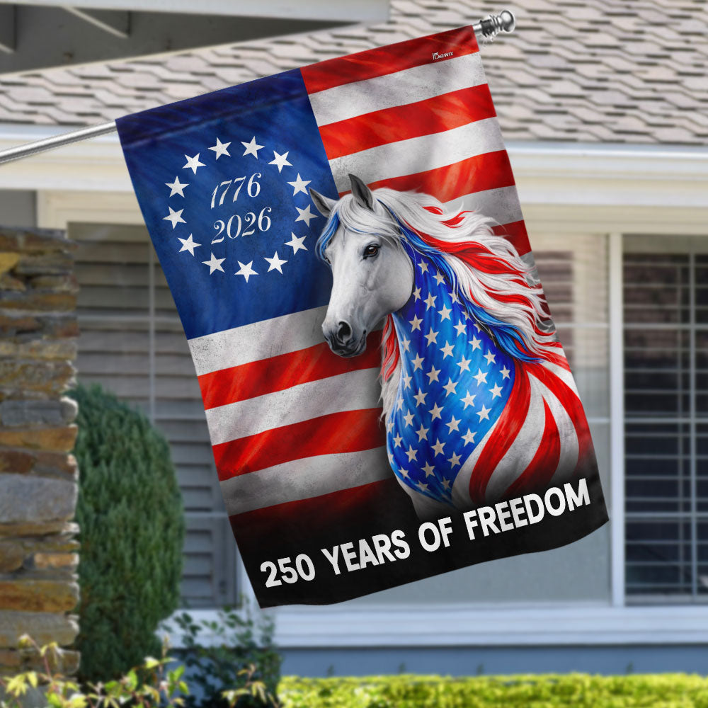 Horse Farmhouse Flag, 250 Years Strong Patriotic White Horse US Flag