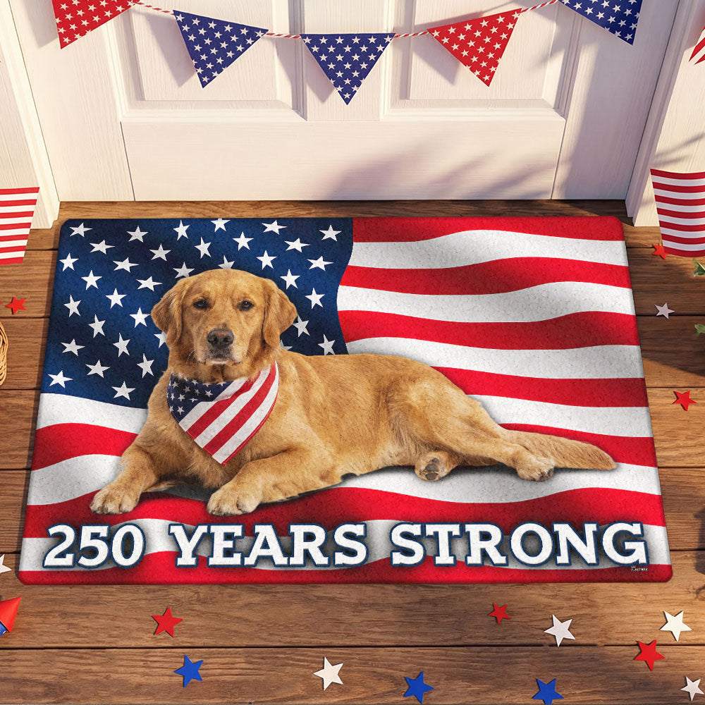 250 Years Strong Patriotic Golden Retriever American Flag Doormat