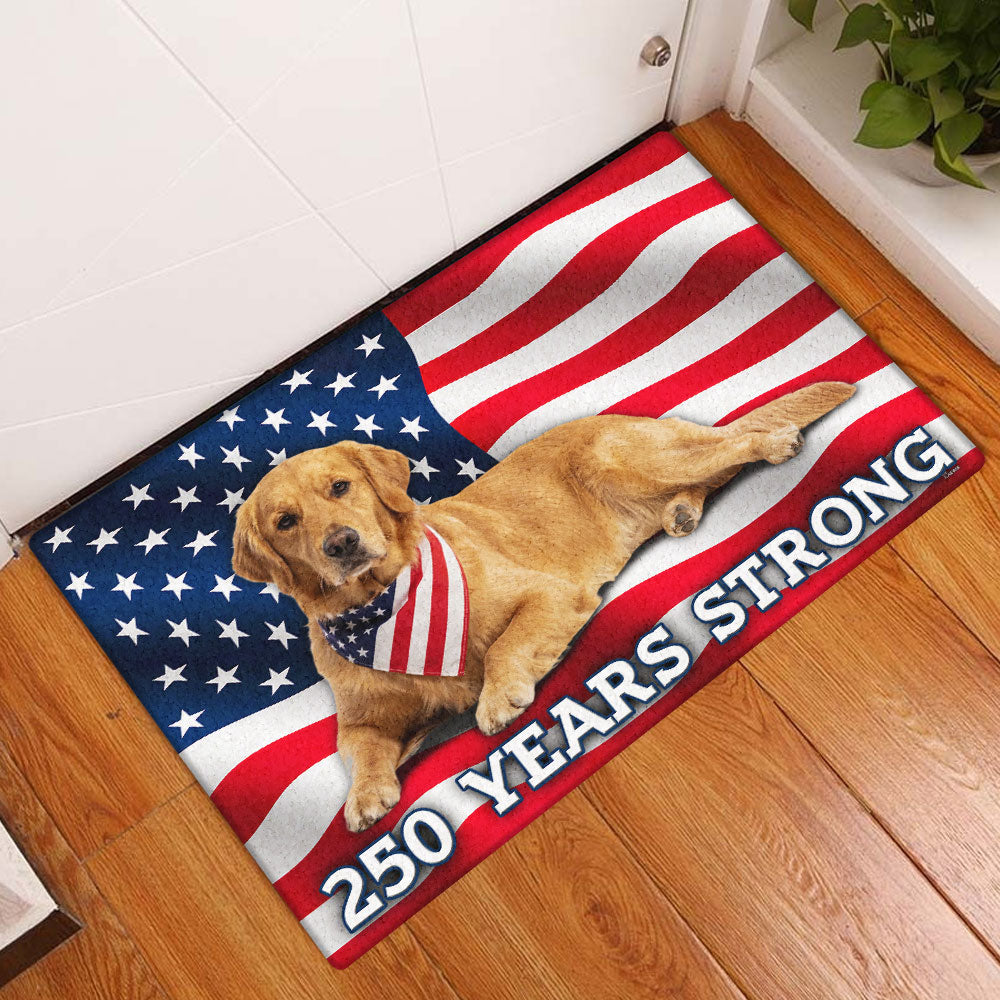 250 Years Strong Patriotic Golden Retriever American Flag Doormat