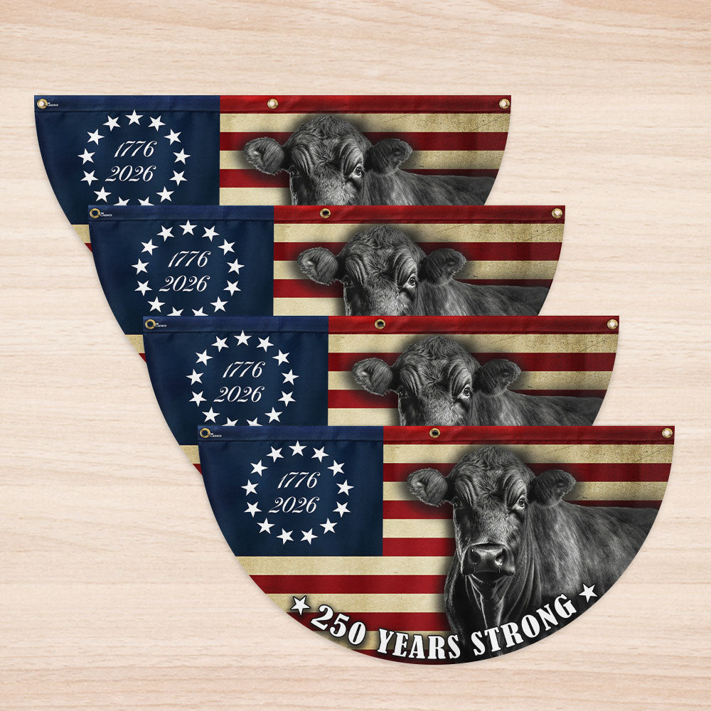 Black Angus Cattle American Flag, 250 Years Strong Cow Farmer Fan Flag