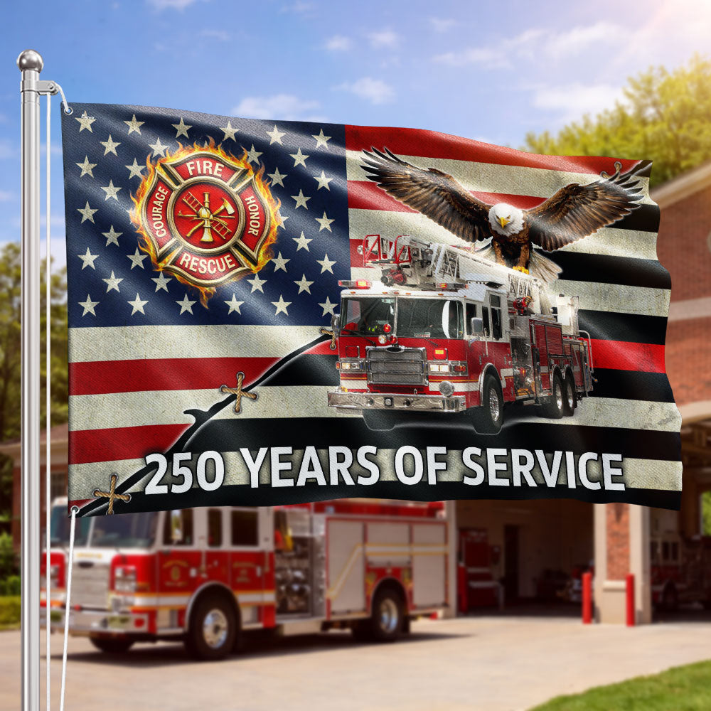 Firefighter Flag, 250 Years of Service Fire Truck Firefighter Grommet Flag