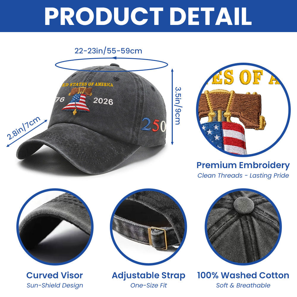 United States of America Washed Cap 1776 2026 Liberty Bell Embroidered Cap