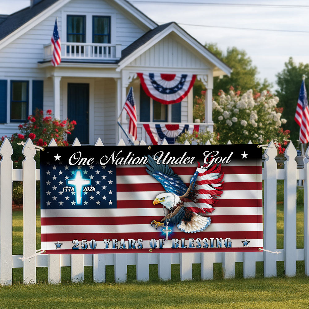 250 Years of Blessings Flag, One Nation Under God Christian Cross Fence Banner
