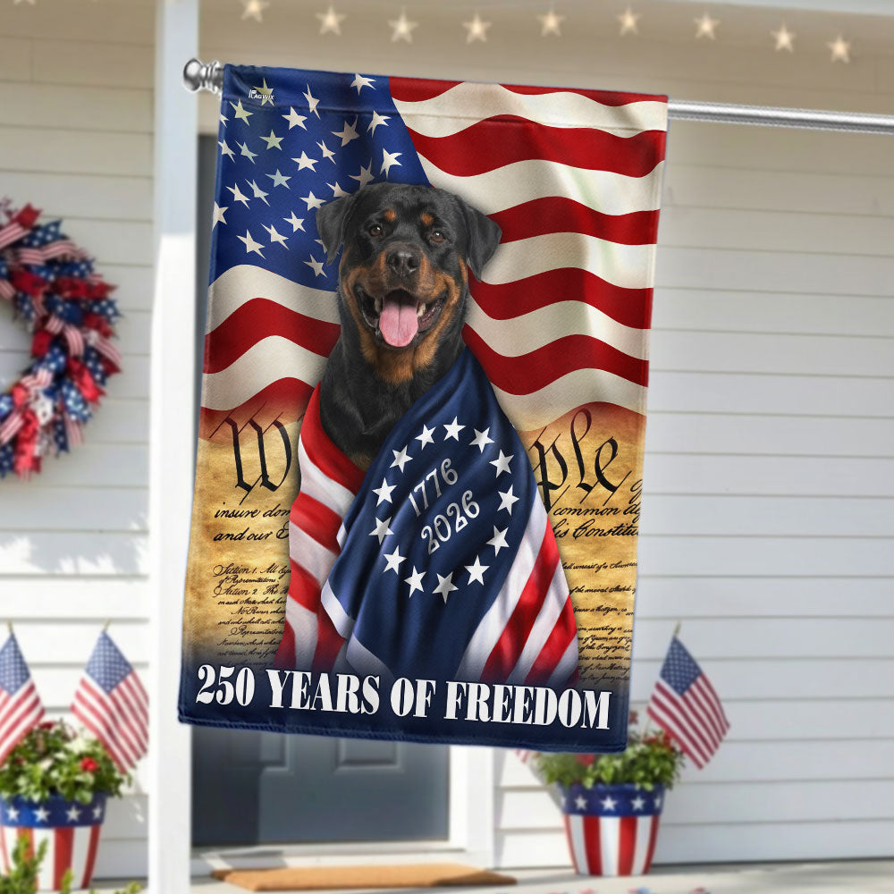 250 Years of Freedom Flag, Rottweiler Dog Wrapped in Glory US Flag