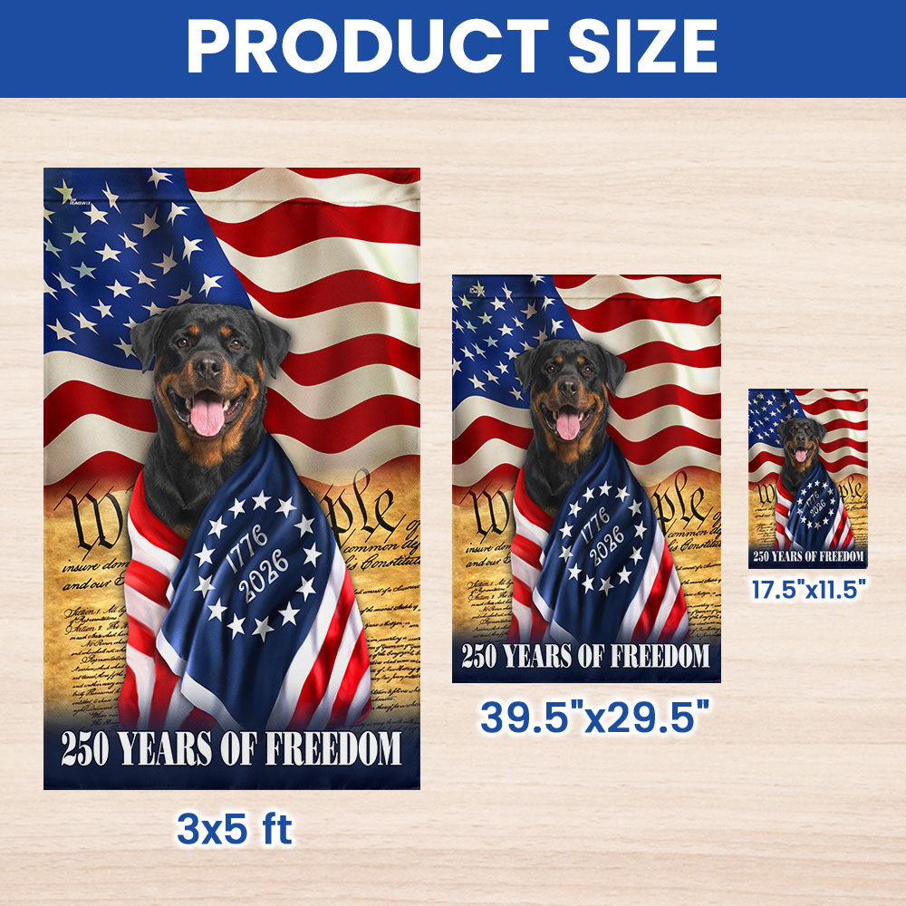 250 Years of Freedom Flag, Rottweiler Dog Wrapped in Glory US Flag