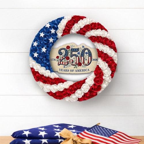 250 Years of America Rose Wreath, 1776 2026 Patriotic Front Door Decor