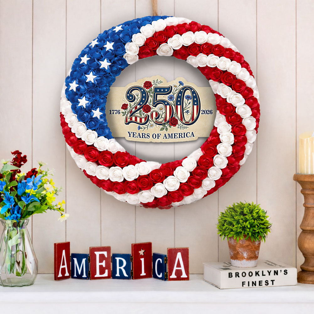 250 Years of America Rose Wreath, 1776 2026 Patriotic Front Door Decor