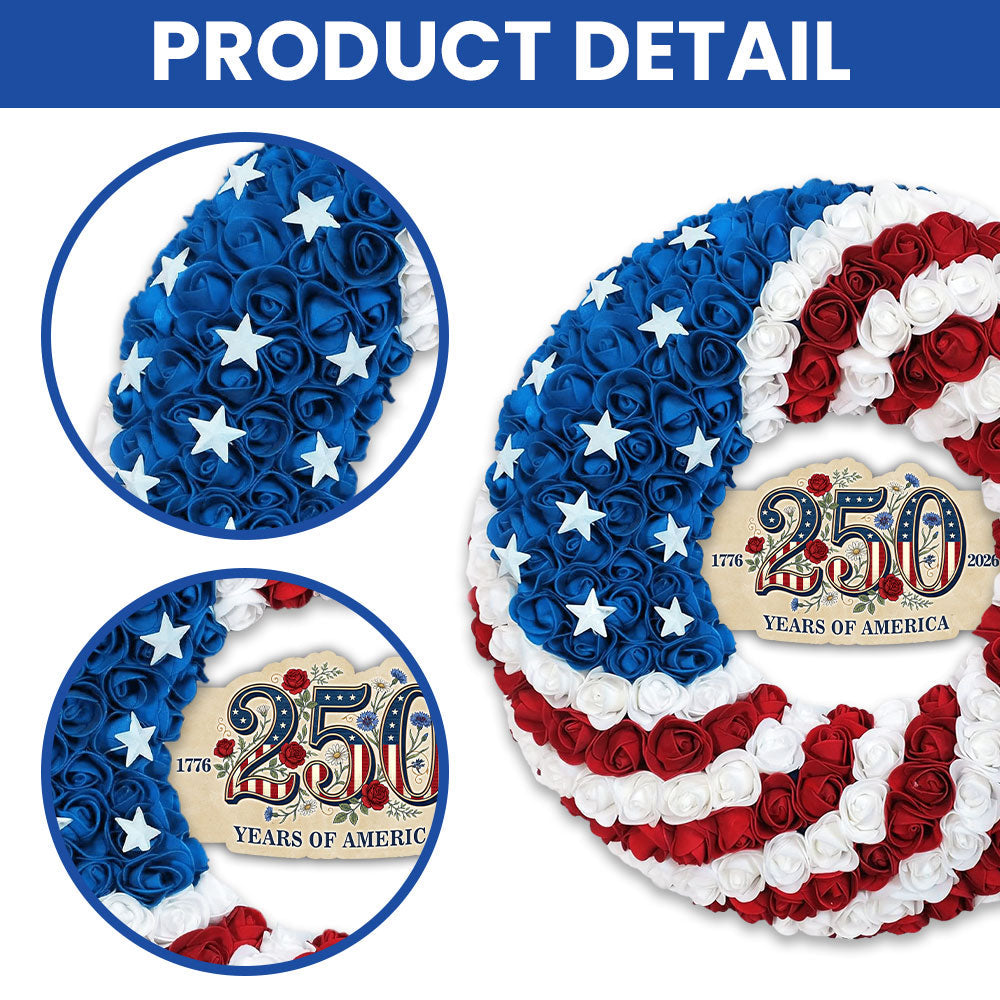 250 Years of America Rose Wreath, 1776 2026 Patriotic Front Door Decor