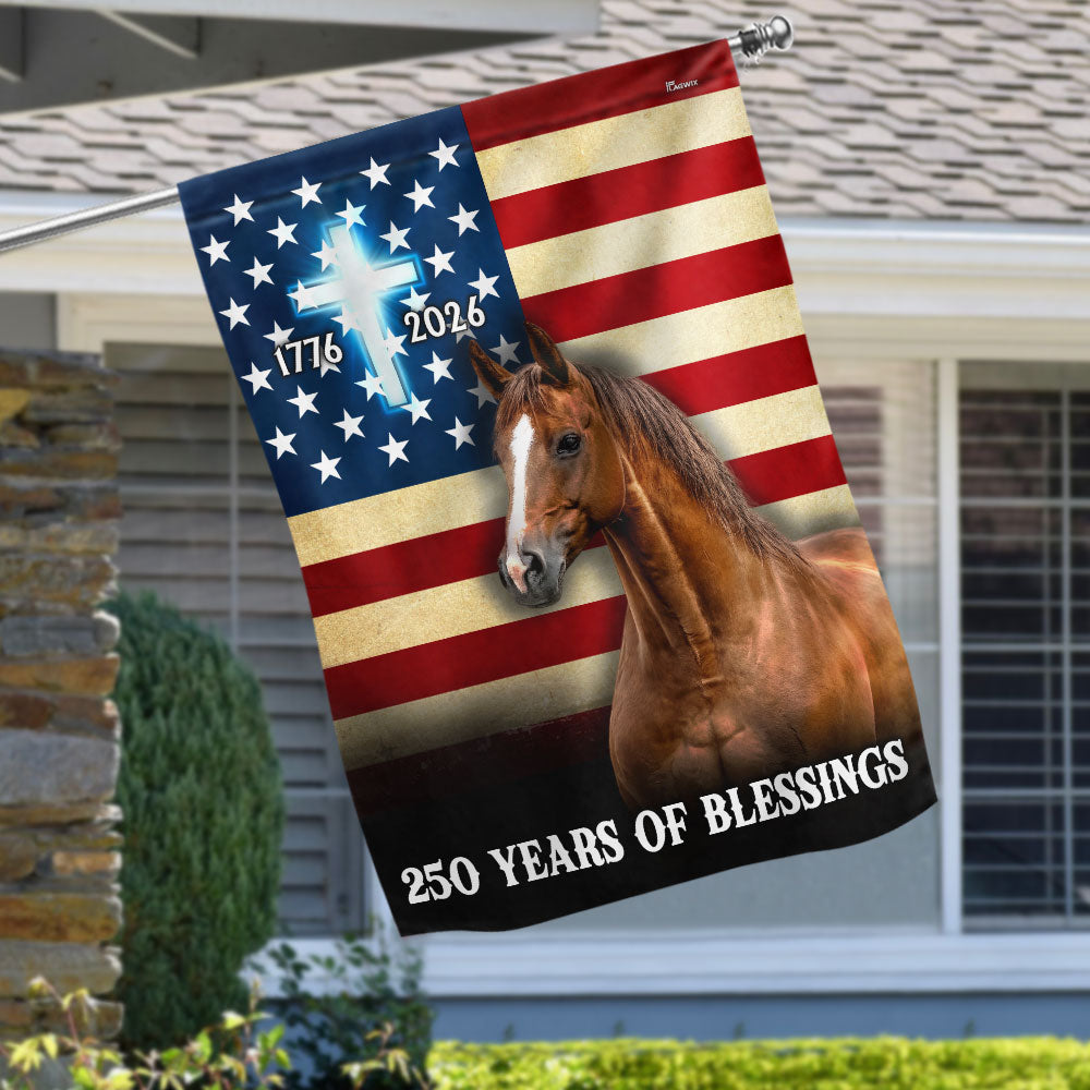 Horse American Flag, 250 Years of Blessings Christian Cross US Flag