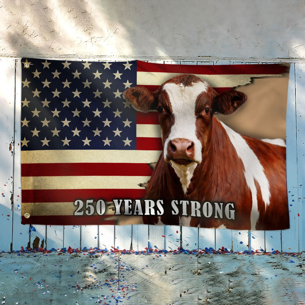 250 Years Strong Pinzgauer Cattle American Grommet Flag for Farmhouse Patriotic Decor