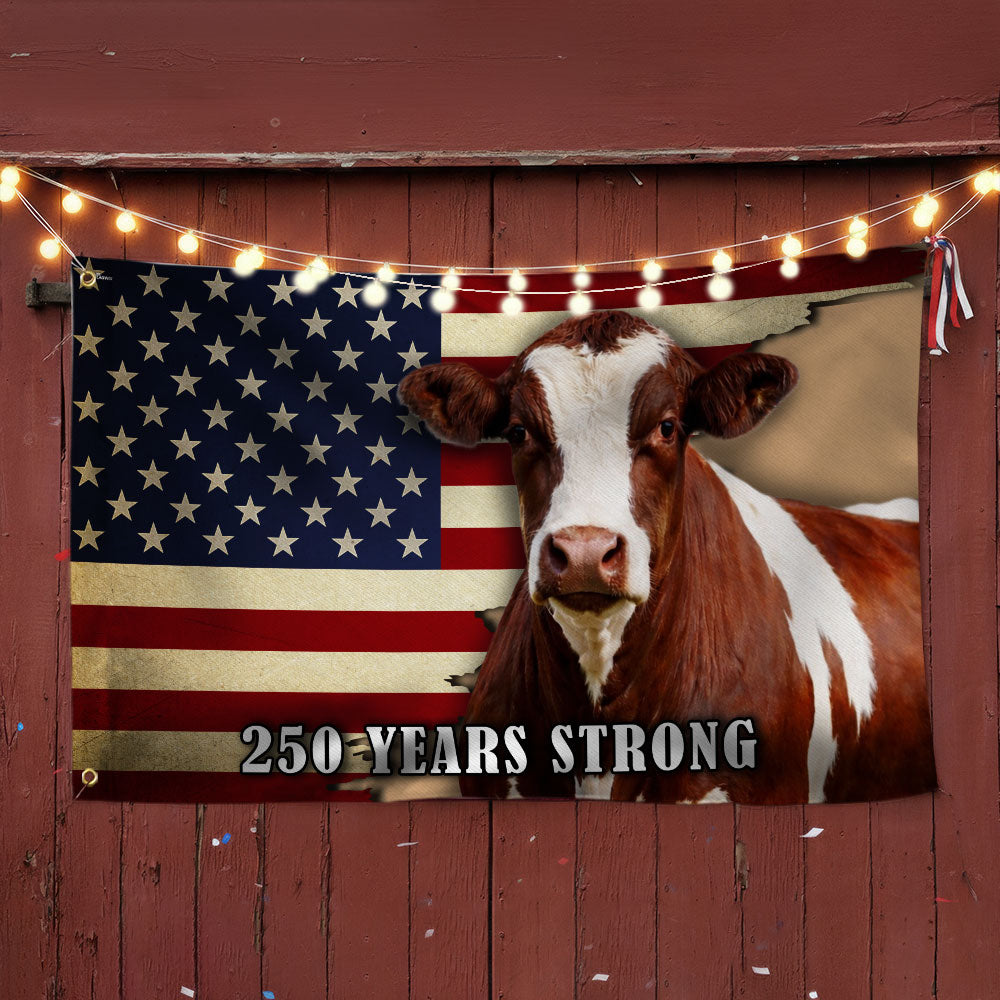 250 Years Strong Pinzgauer Cattle American Grommet Flag for Farmhouse Patriotic Decor
