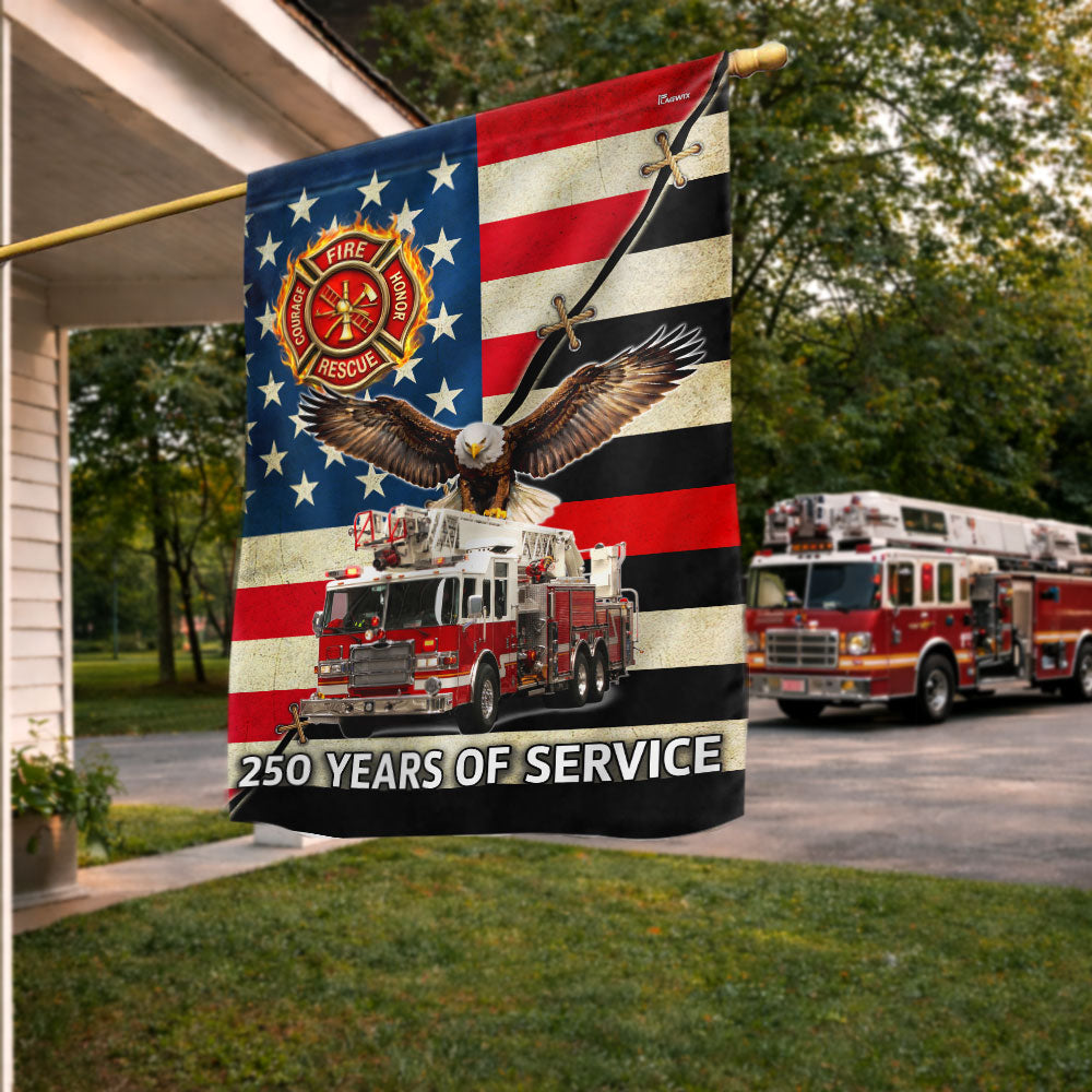 Firefighter Flag, 250 Years of Service Fire Truck Firefighter US Flag