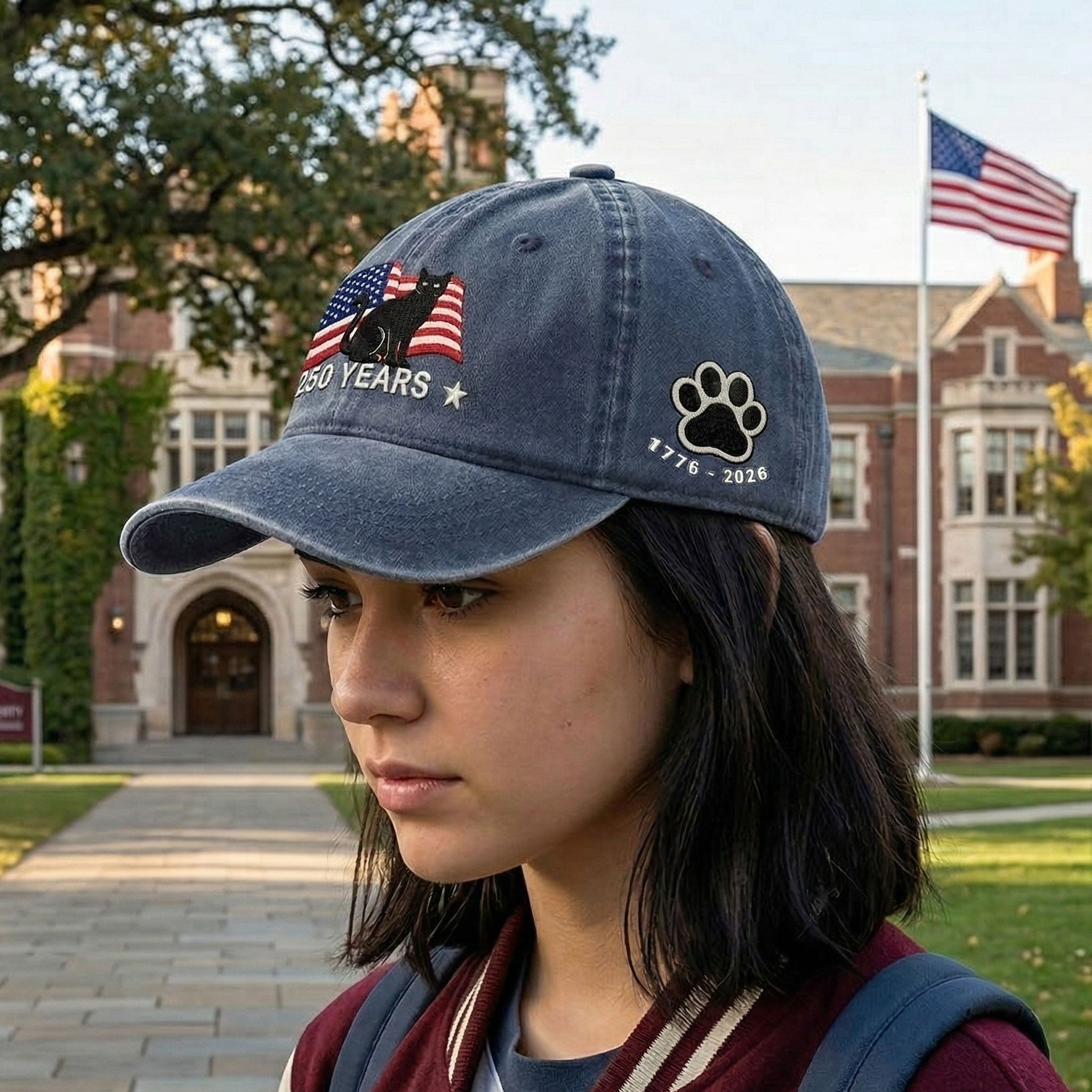 250th Anniversary Black Cat Washed Cap with Embroidered American Flag