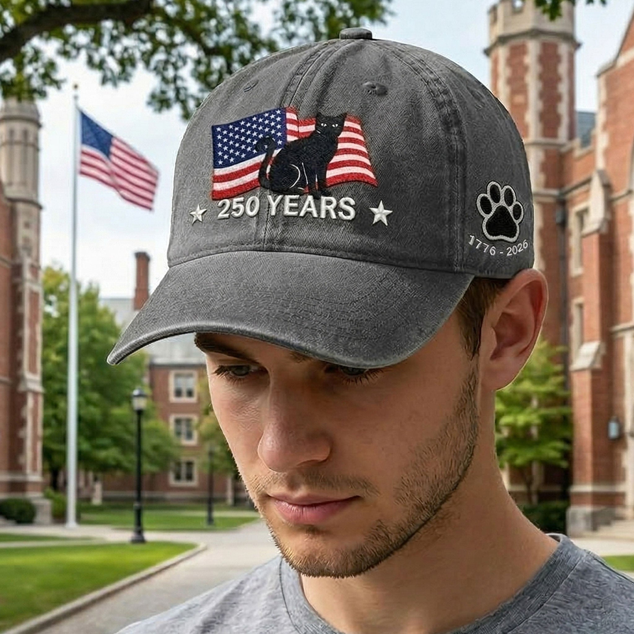 250th Anniversary Black Cat Washed Cap with Embroidered American Flag