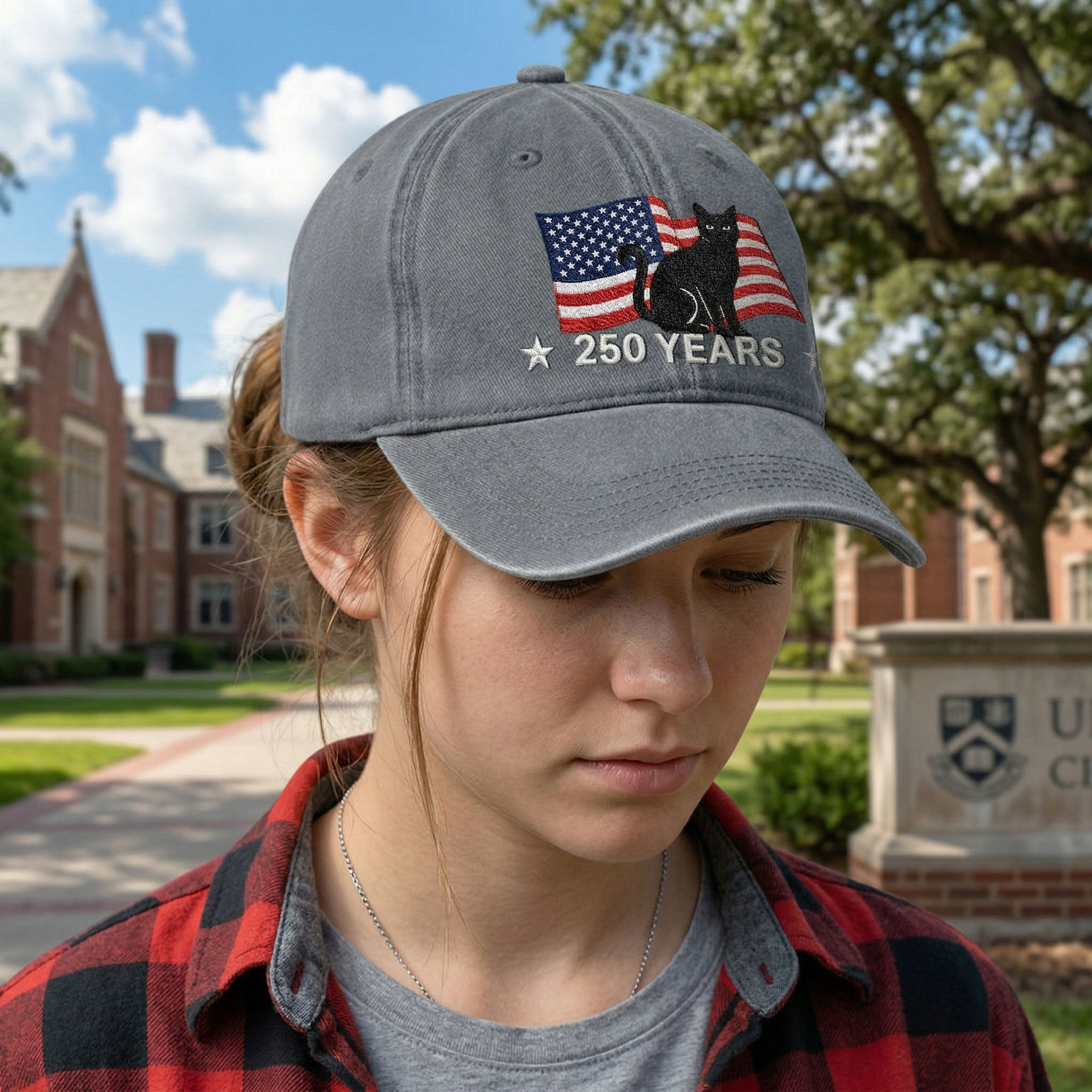 250th Anniversary Black Cat Washed Cap with Embroidered American Flag