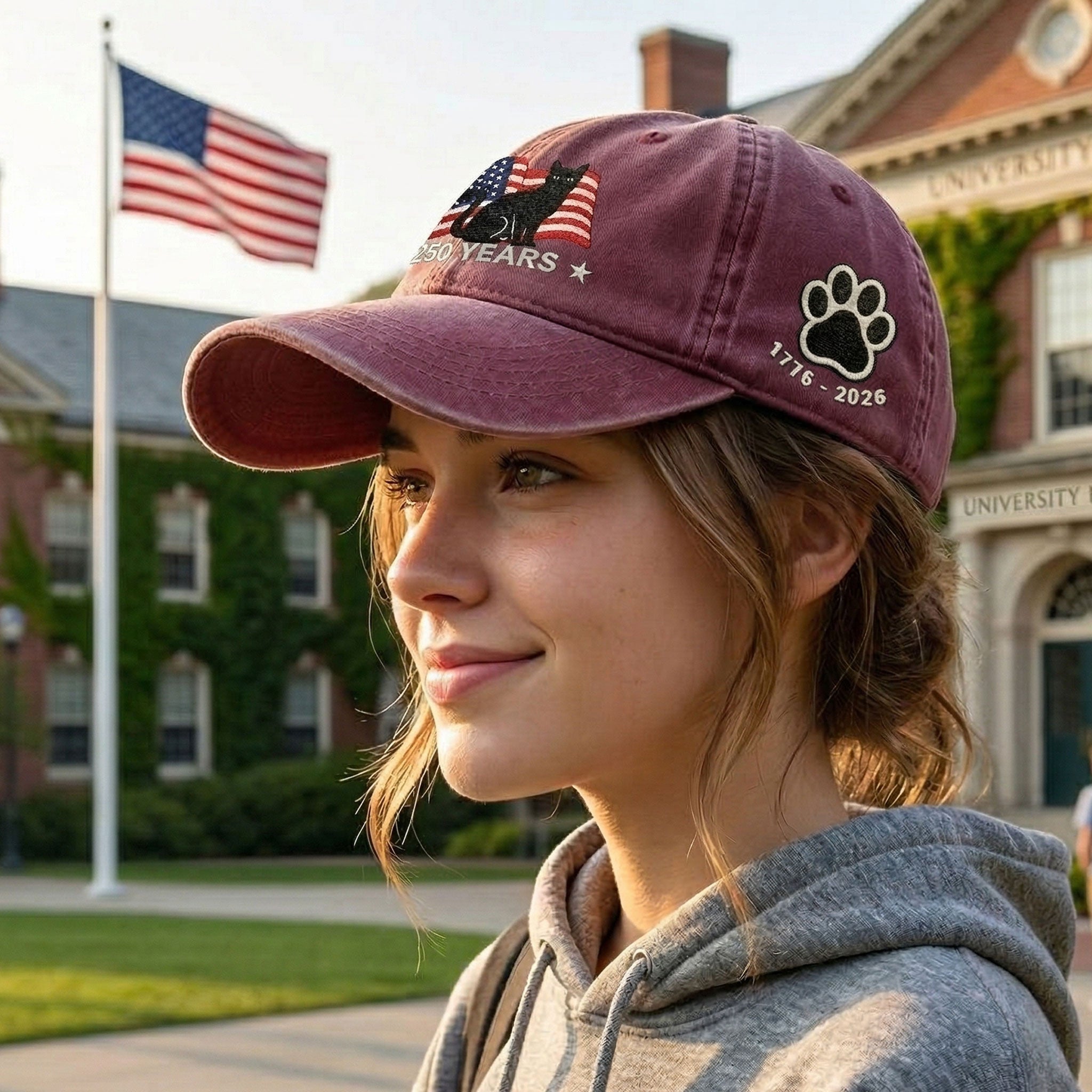 250th Anniversary Black Cat Washed Cap with Embroidered American Flag