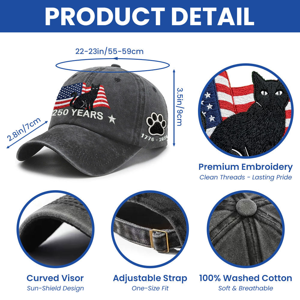250th Anniversary Black Cat Washed Cap with Embroidered American Flag