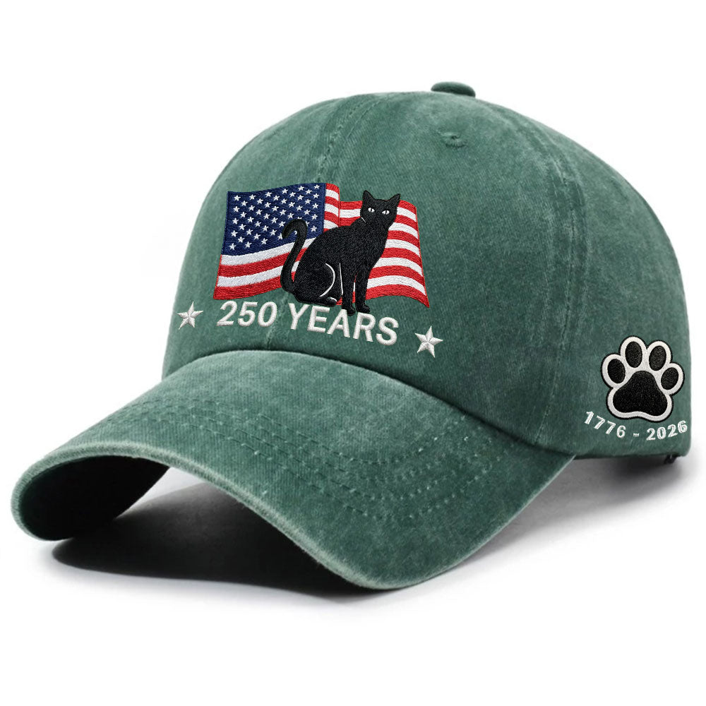 250th Anniversary Black Cat Washed Cap with Embroidered American Flag