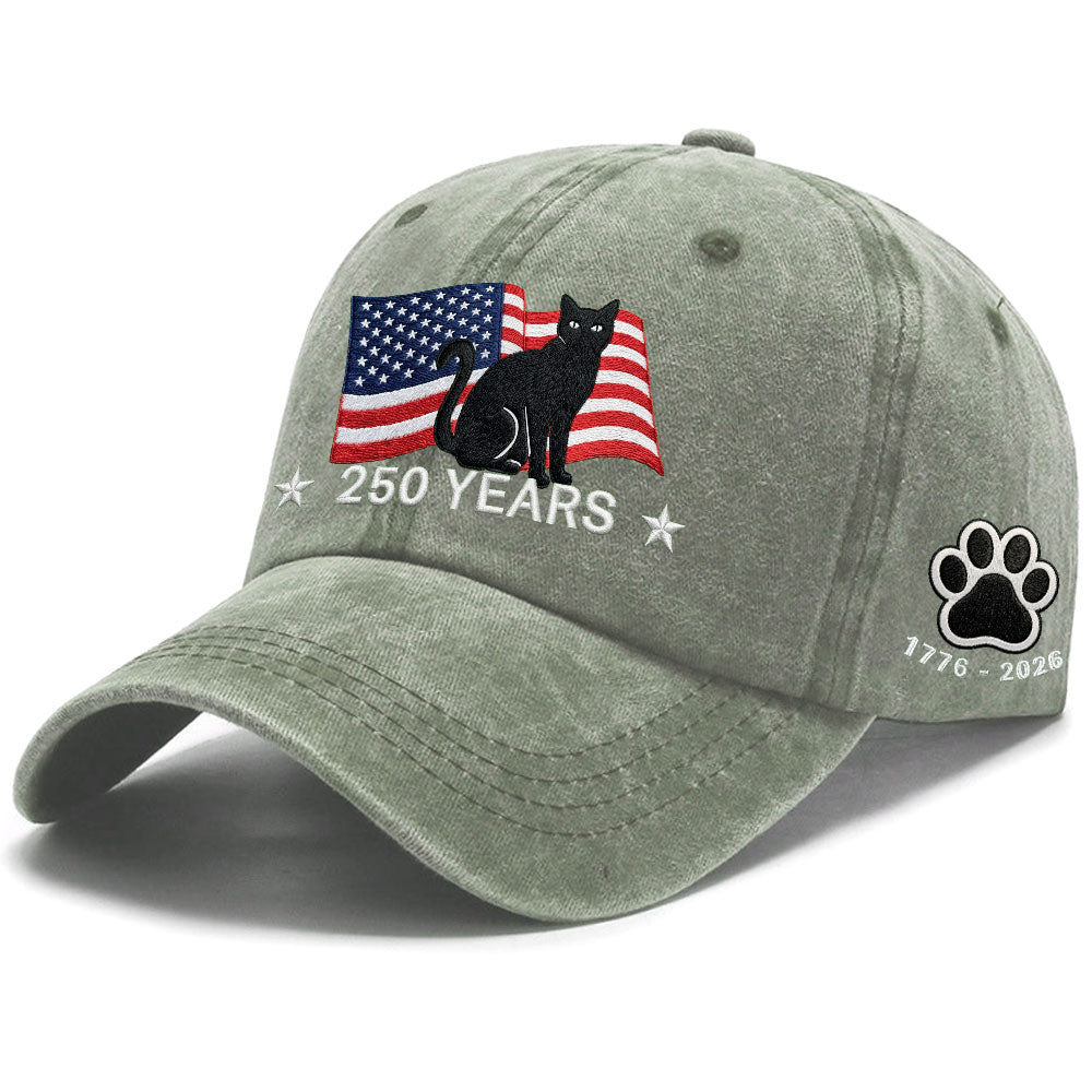 250th Anniversary Black Cat Washed Cap with Embroidered American Flag