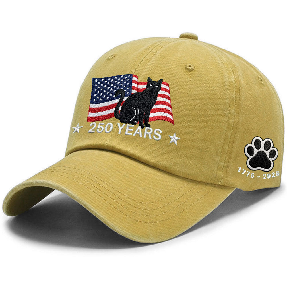 250th Anniversary Black Cat Washed Cap with Embroidered American Flag