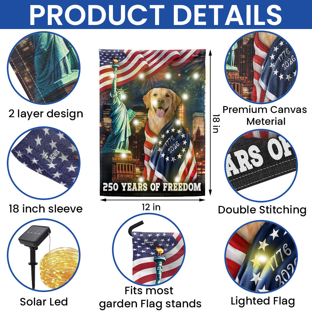 250 Years of Freedom Golden Retriever Wrapped in Glory Solar Led Garden Flag