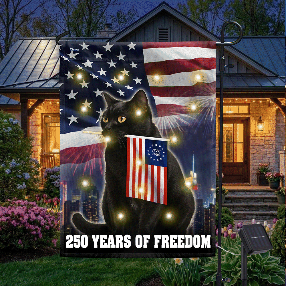 Cat American Flag, 250 Years of Freedom Patriotic Black Cat Solar Led Garden Flag