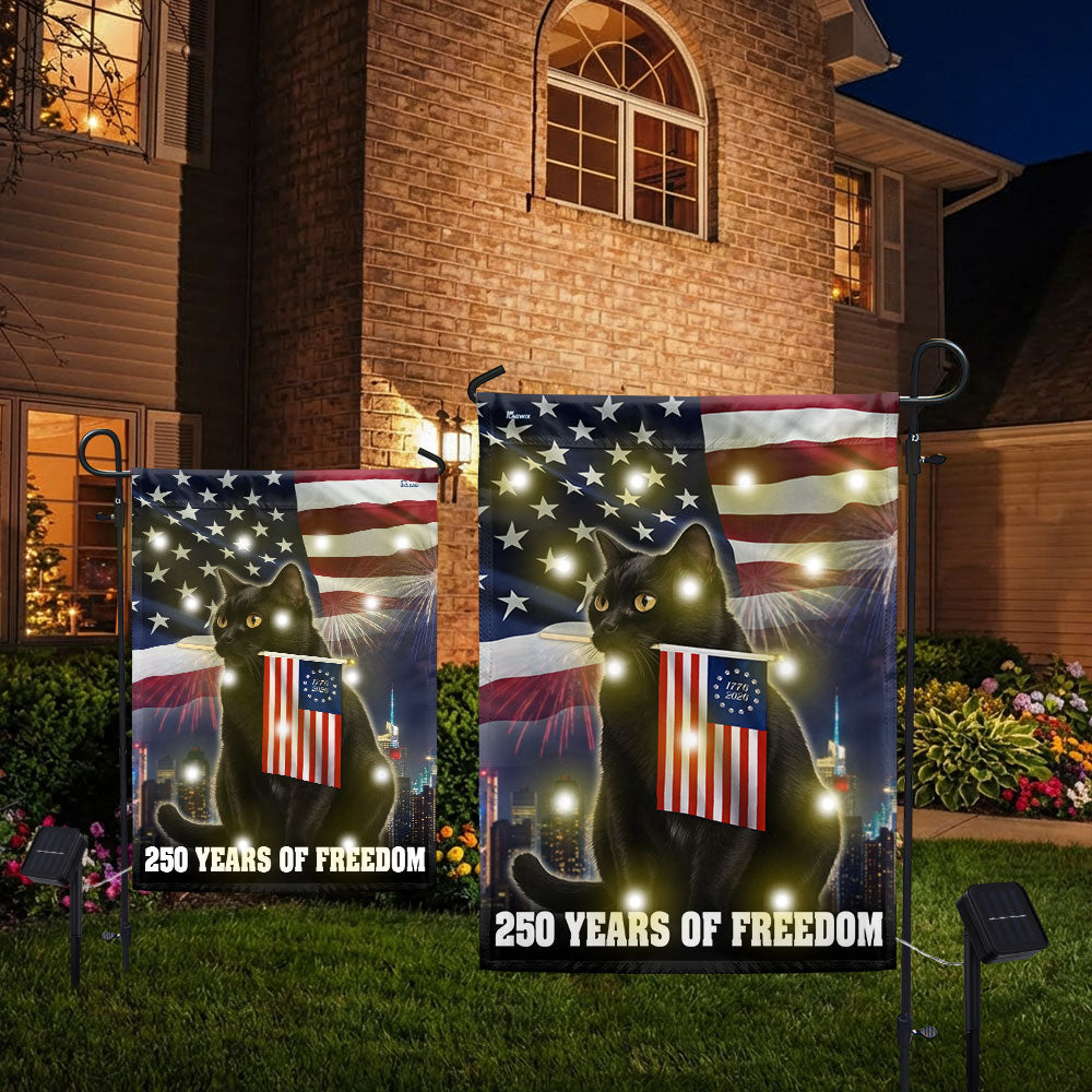 Cat American Flag, 250 Years of Freedom Patriotic Black Cat Solar Led Garden Flag