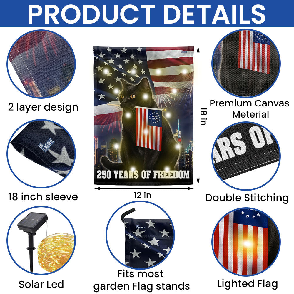 Cat American Flag, 250 Years of Freedom Patriotic Black Cat Solar Led Garden Flag