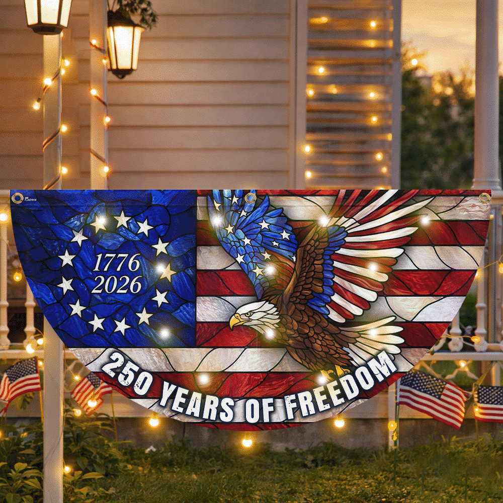 250 Years of Freedom Eagle Betsy Ross Stained Glass Solar Led Fan Flag