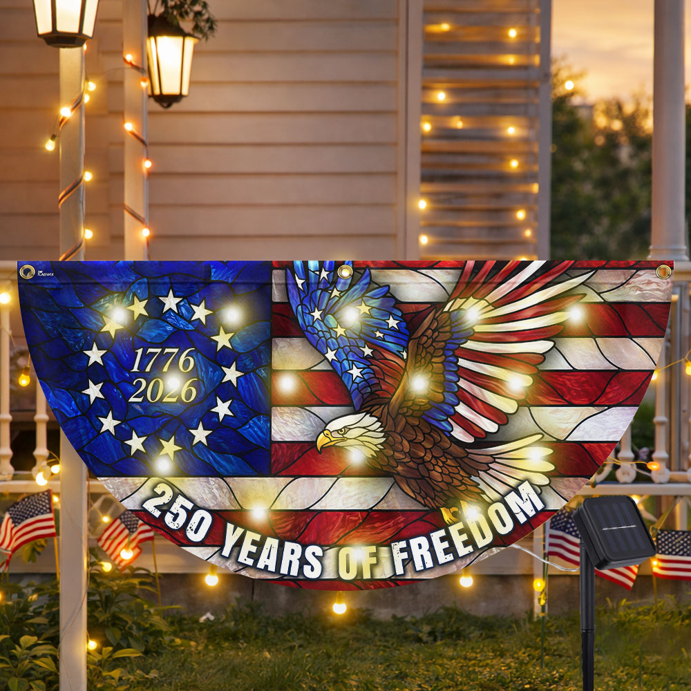 250 Years of Freedom Eagle Betsy Ross Stained Glass Solar Led Fan Flag